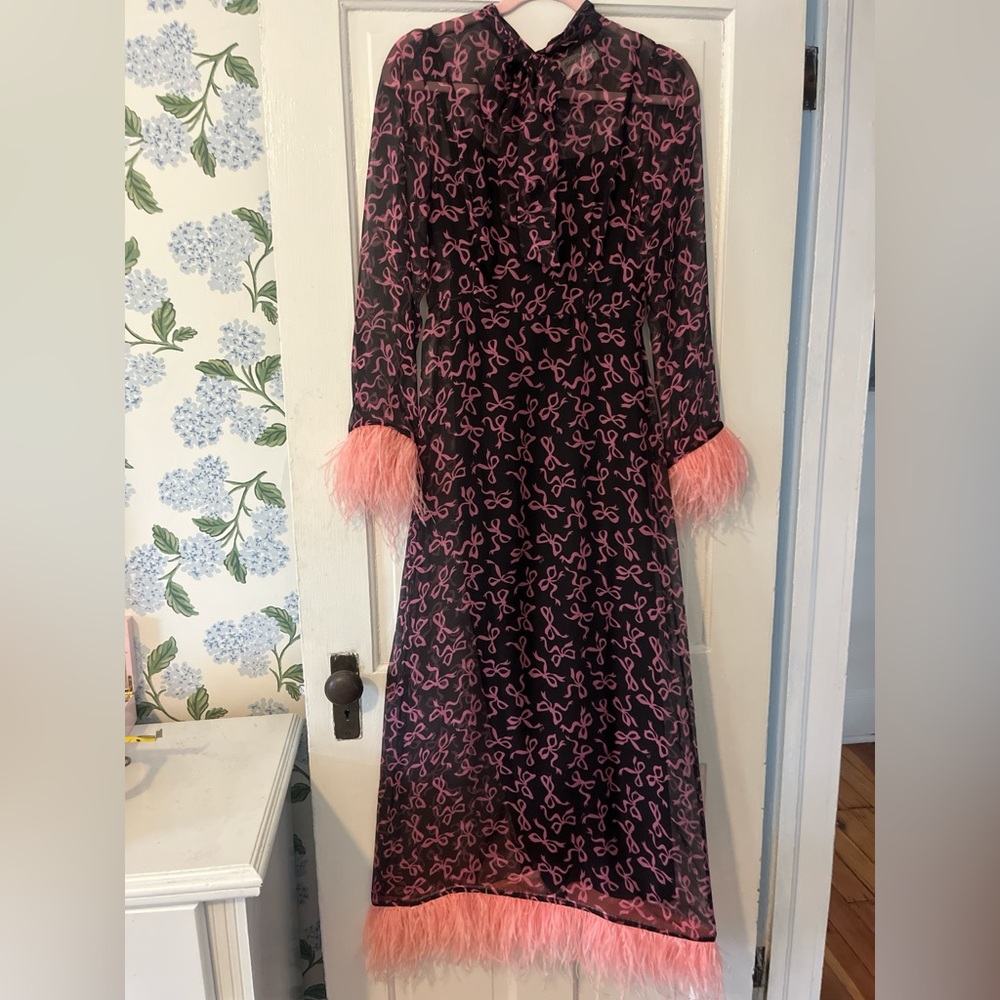 Elegant Pink and Black Silk Chiffon Feather Trim Midi Dress.